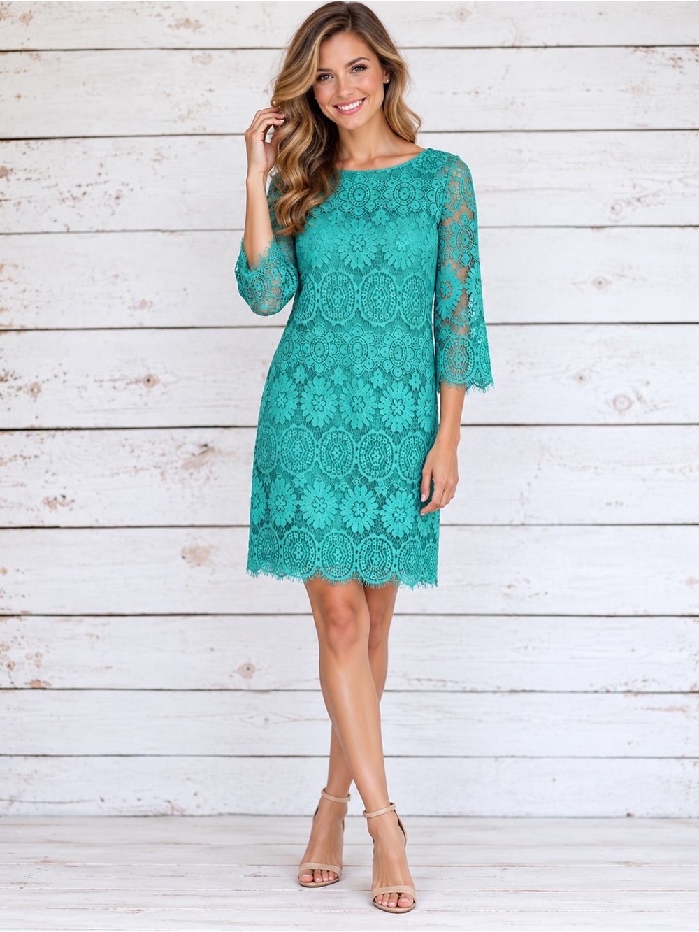 Jessica Howard Lace Overlay Shift Dress with 3/4 Sleeves- Size 4P